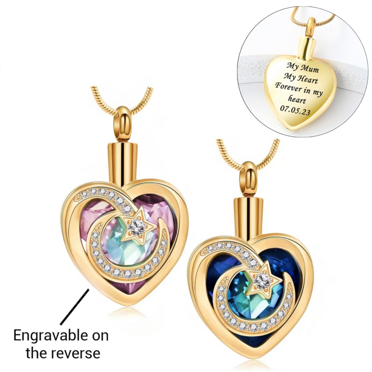Engraved self fill Gold Moon & Star Cremation Ashes Urn Necklace mum dad nana grandad ashes