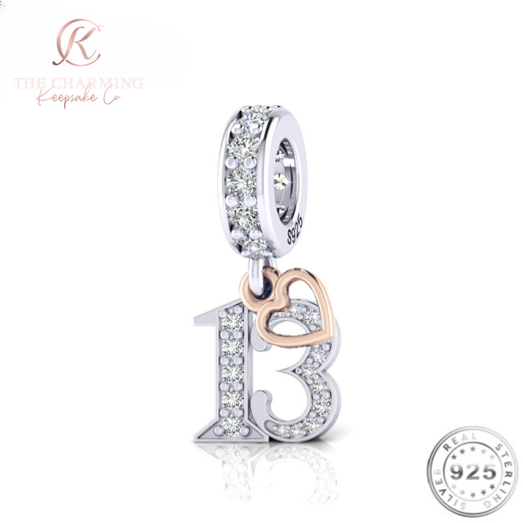13th Birthday Charm 925 Sterling Silver and Rose Gold - fits Pandora