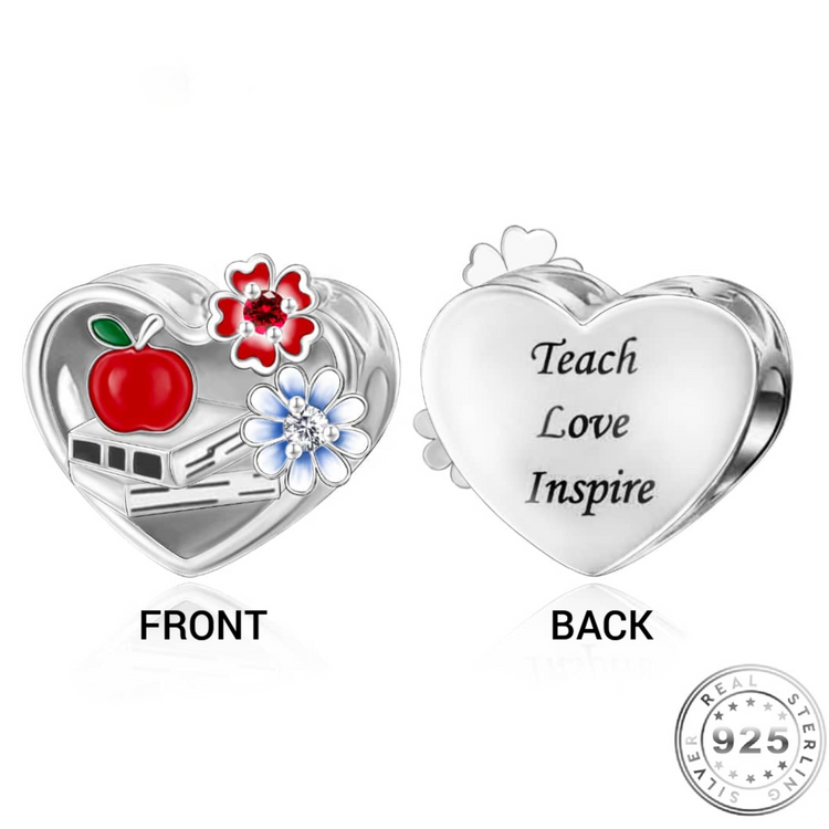 Teacher Heart Charm 925 Sterling Silver - Teach Love Inspire fits Pandora