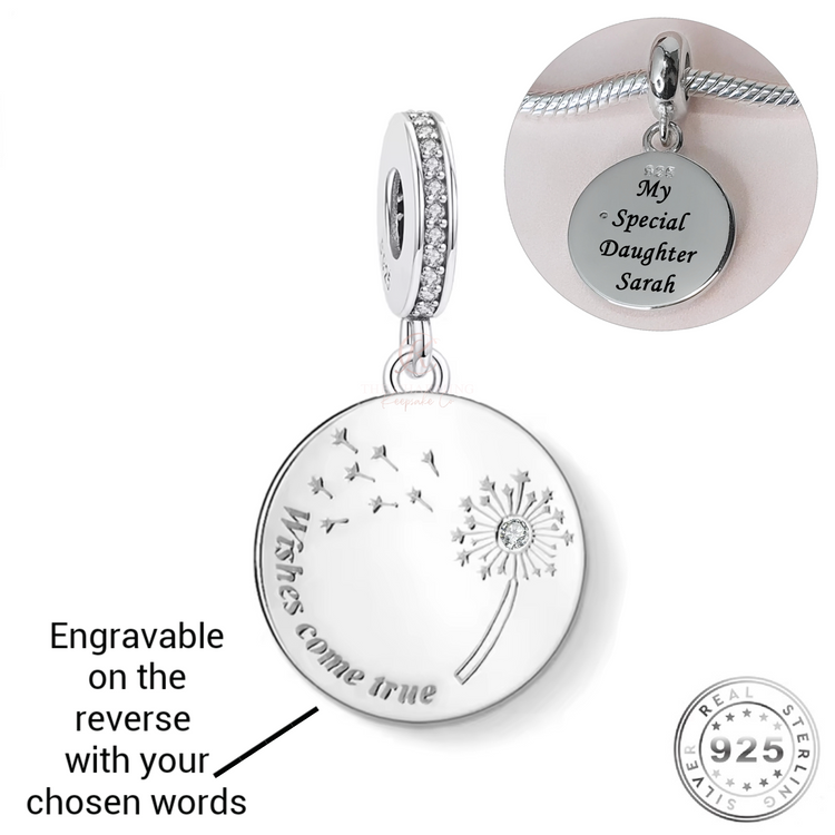 Engraved Wishes Come True Charm 925 Sterling Silver ( fits Pandora ) Daughter Gift
