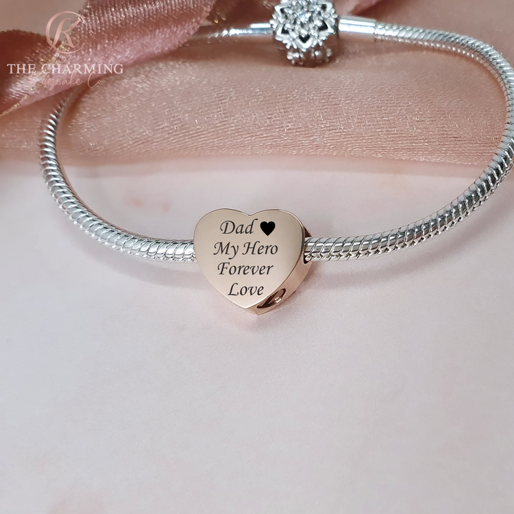 Engraved Self-Fill Ashes Heart Charm - Silver, Gold or Rose Gold - fits Pandora bracelets
