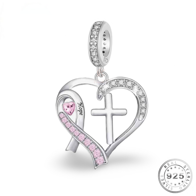 Pink Cancer Ribbon & Cross Charm 925 Sterling Silver - Hope - fits pandora