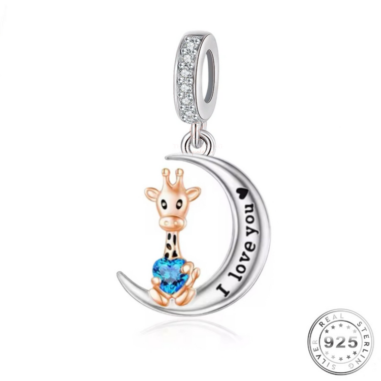 Giraffe in Moon Charm 925 Sterling Silver and Rose Gold - I Love You fits Pandora