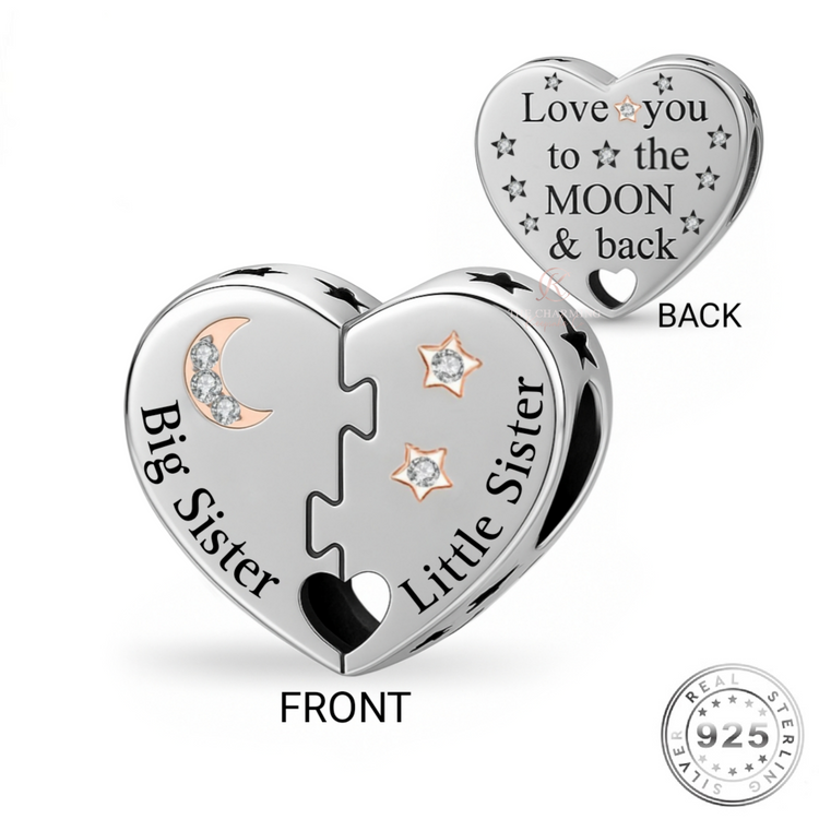 Big Sister & Little Sister Heart Charm 925 Sterling Silver - Love You To The Moon fits pandora