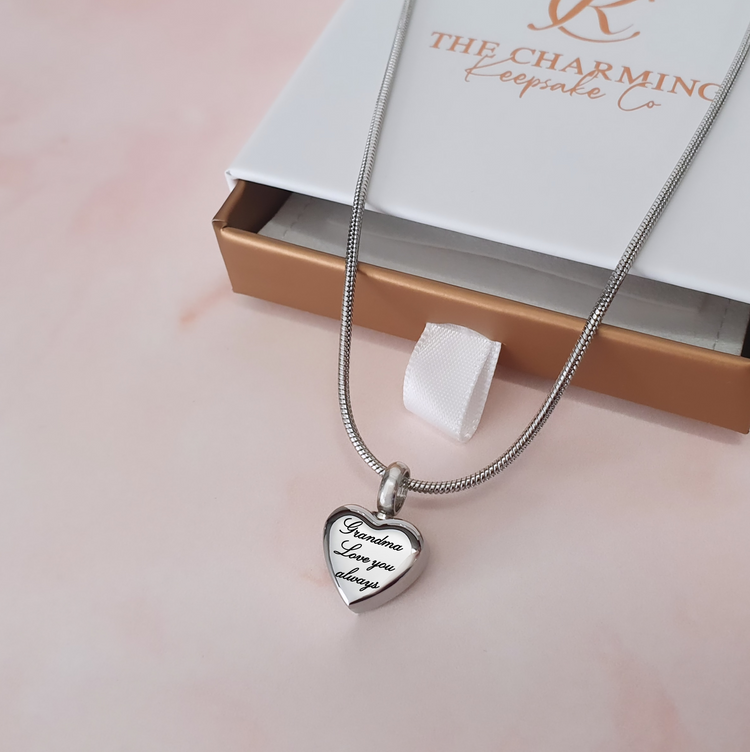 Engraved Self-Fill Ashes Small Heart Urn Necklace Silver or Rose Gold - also fits pandora bracelets