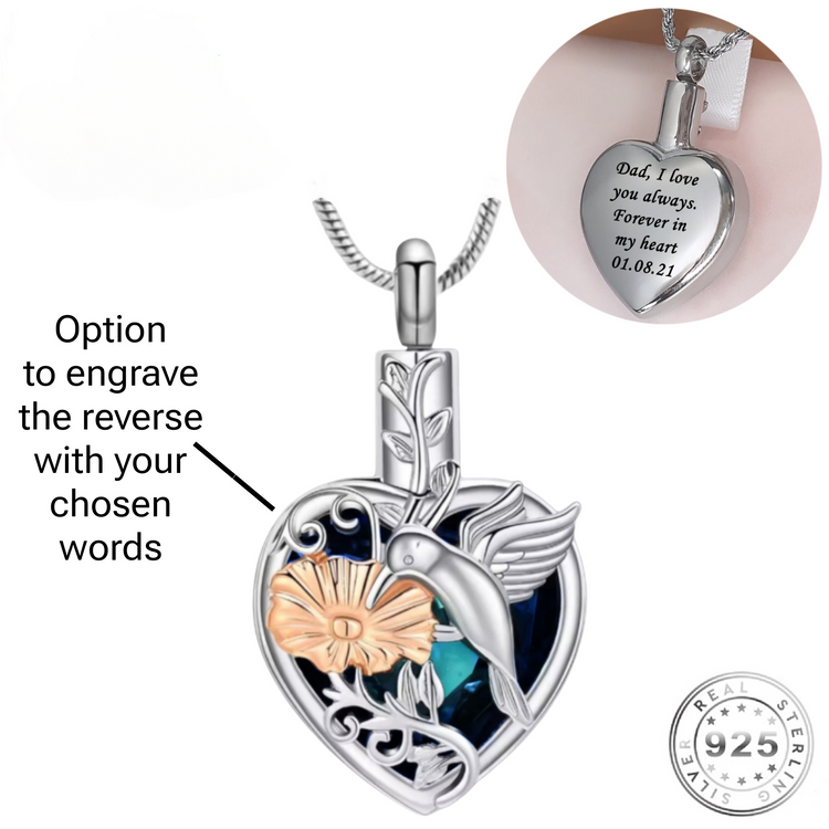 Engraved Silver Hummingbird Ashes Urn Necklace self fill