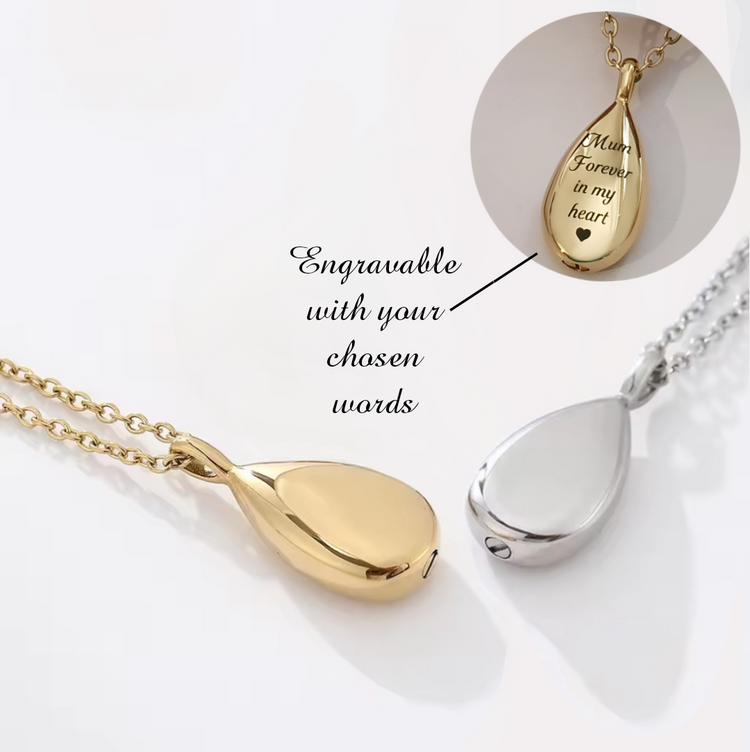 Engraved Teardrop Ashes Urn Necklace Gold or Silver self fill memorial keepsake