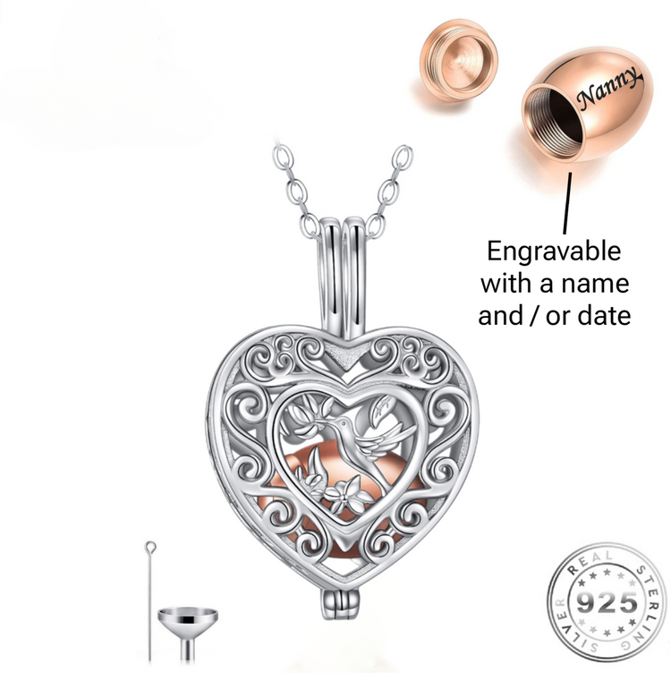 Engraved Hair & Ashes Hummingbird Heart Locket Necklace Urn 925 Sterling Silver & Rose Gold self fill