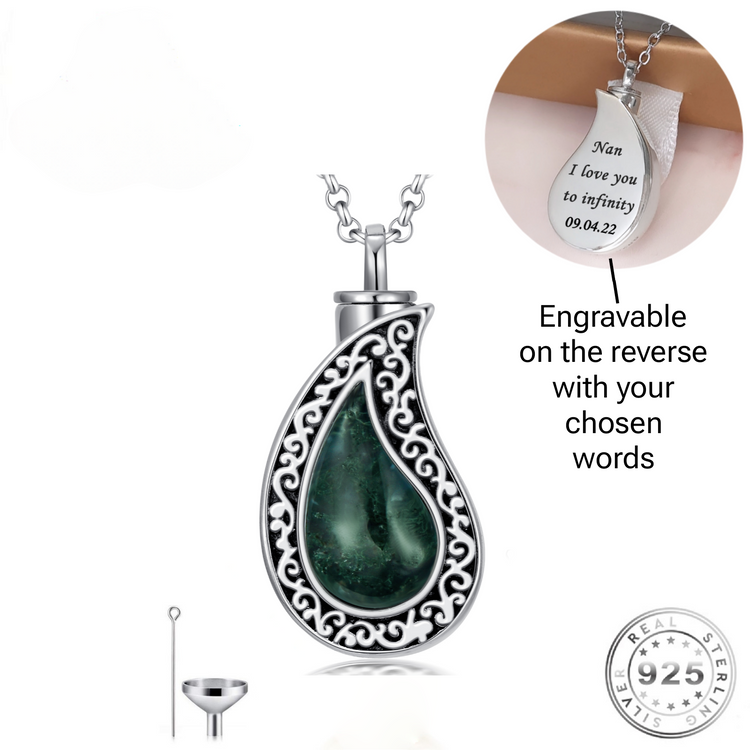 Engraved Cremation Ashes Green Agate Necklace 925 Sterling Silver Self Fill