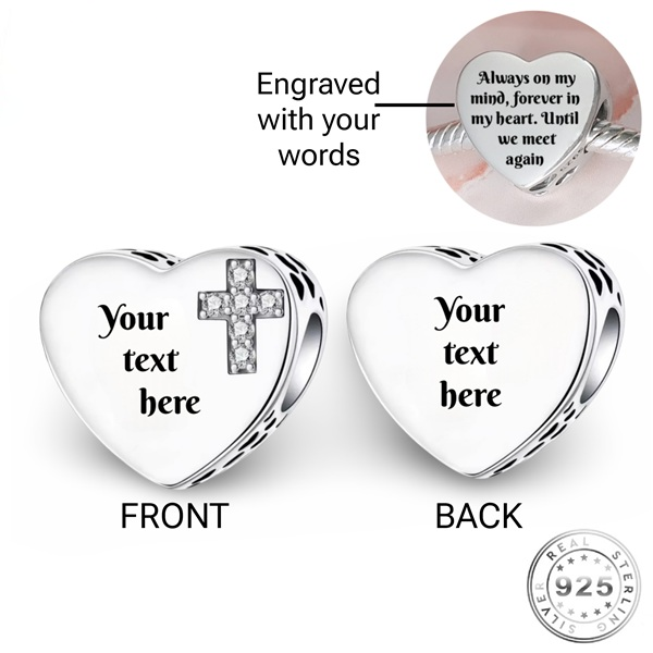 Engraved Cross Heart Charm 925 Sterling Silver - Personalised - fits Pandora - Remembrance / Memorial Grandma Husband Son Nana Grandad Mum Dad
