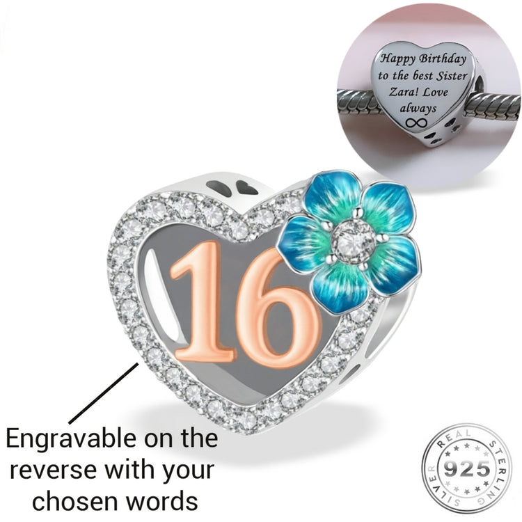 Engraved 16th Birthday Charm 925 Sterling Silver- Personalised fits Pandora - Rose Gold 16 Years