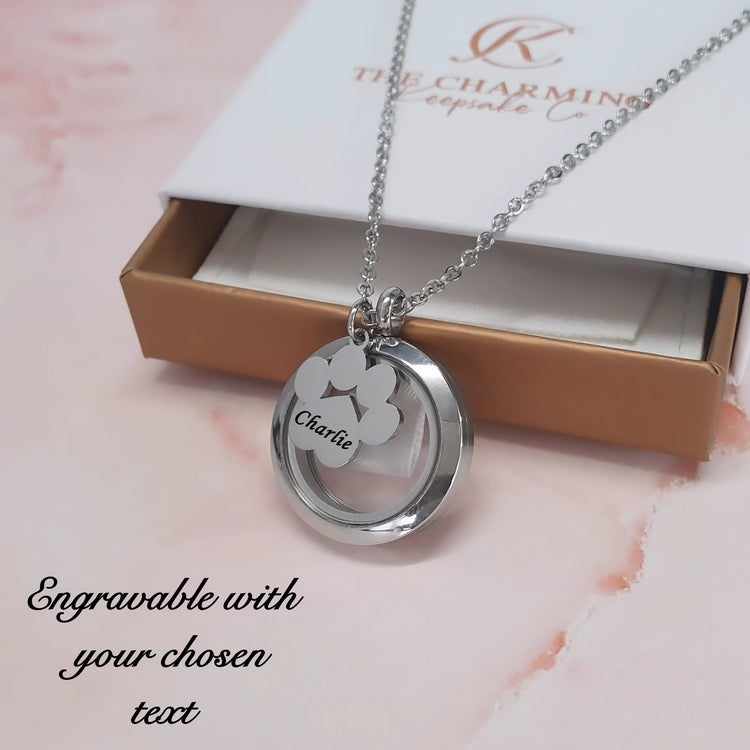Engravable Gold or Silver Dog / Cat Paw Hair or Ashes Glass Circular Locket Urn Necklace pet
