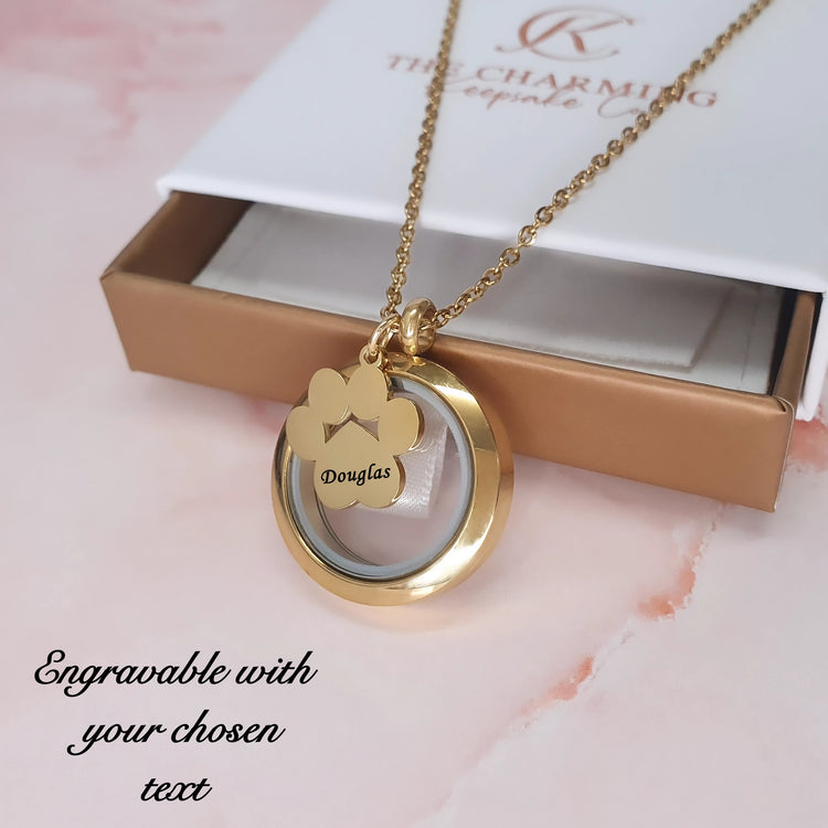 Engravable Gold or Silver Dog / Cat Pet Paw Hair or Ashes Glass Circular Locket Urn Necklace