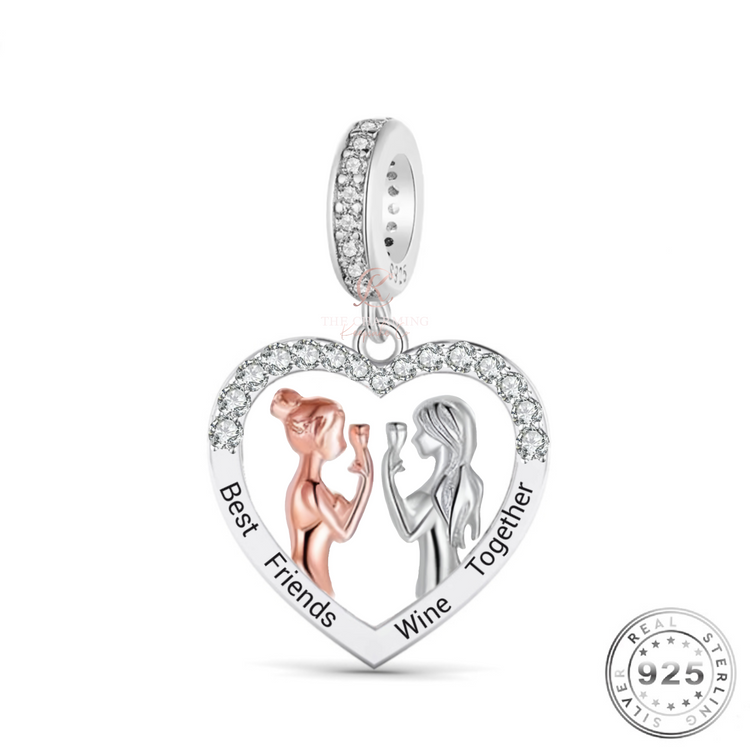 Best Friends Wine Charm 925 Sterling Silver and Rose Gold - BFF - BESTIE - FITS pandora