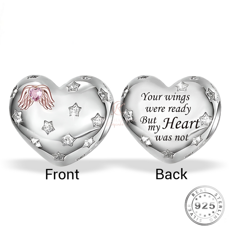 Angel Wings Heart Charm Genuine 925 Sterling Silver - Your wings were ready but my heart was not - fits Pandora