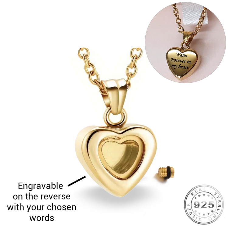 Engraved Gold Ashes Glass Heart Urn Necklace Self Fill keepsake Memorial - Mum Dad Nan Grandad Husband