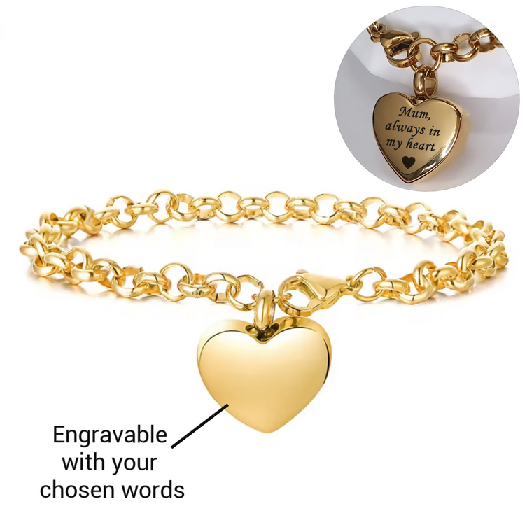 Gold Engraved Cremation Ashes Heart Urn Bracelet - Self Fill KEEPSAKE