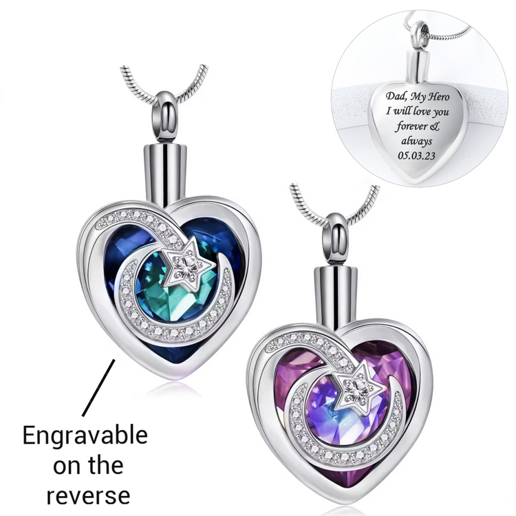 Engravable Moon & Star Cremation Ashes Urn Necklace Silver keepsake memorial self fill