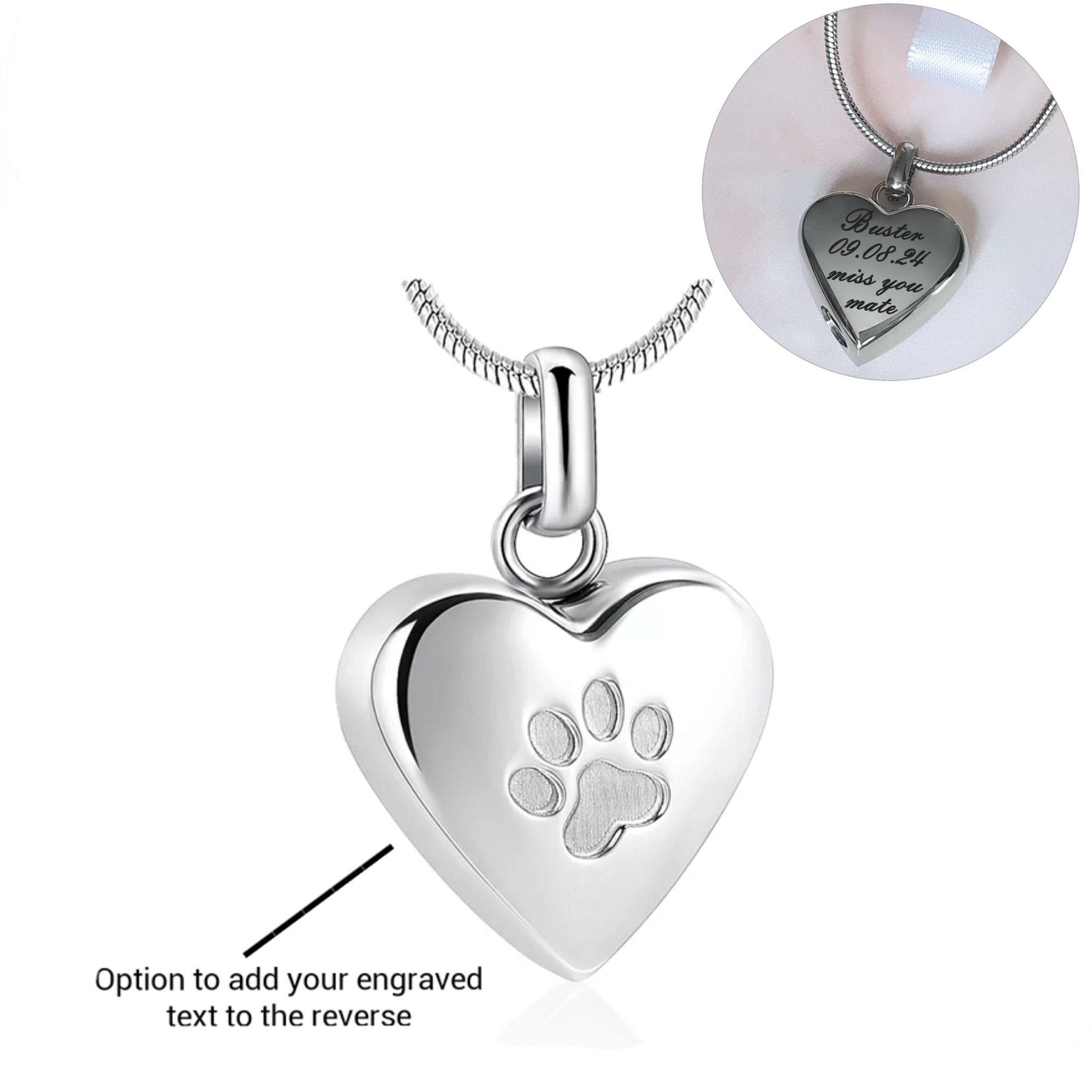 Engraved Pet Dog Cat Cremation Ashes Necklace Urn Silver Self fill Memorial Keepsake The Charming Keepsake Co