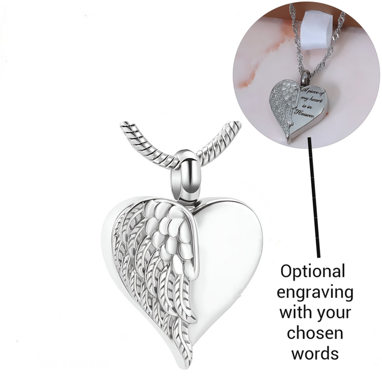 Engraved Cremation Ashes Angel Wing Heart Urn Necklace Silver self fill