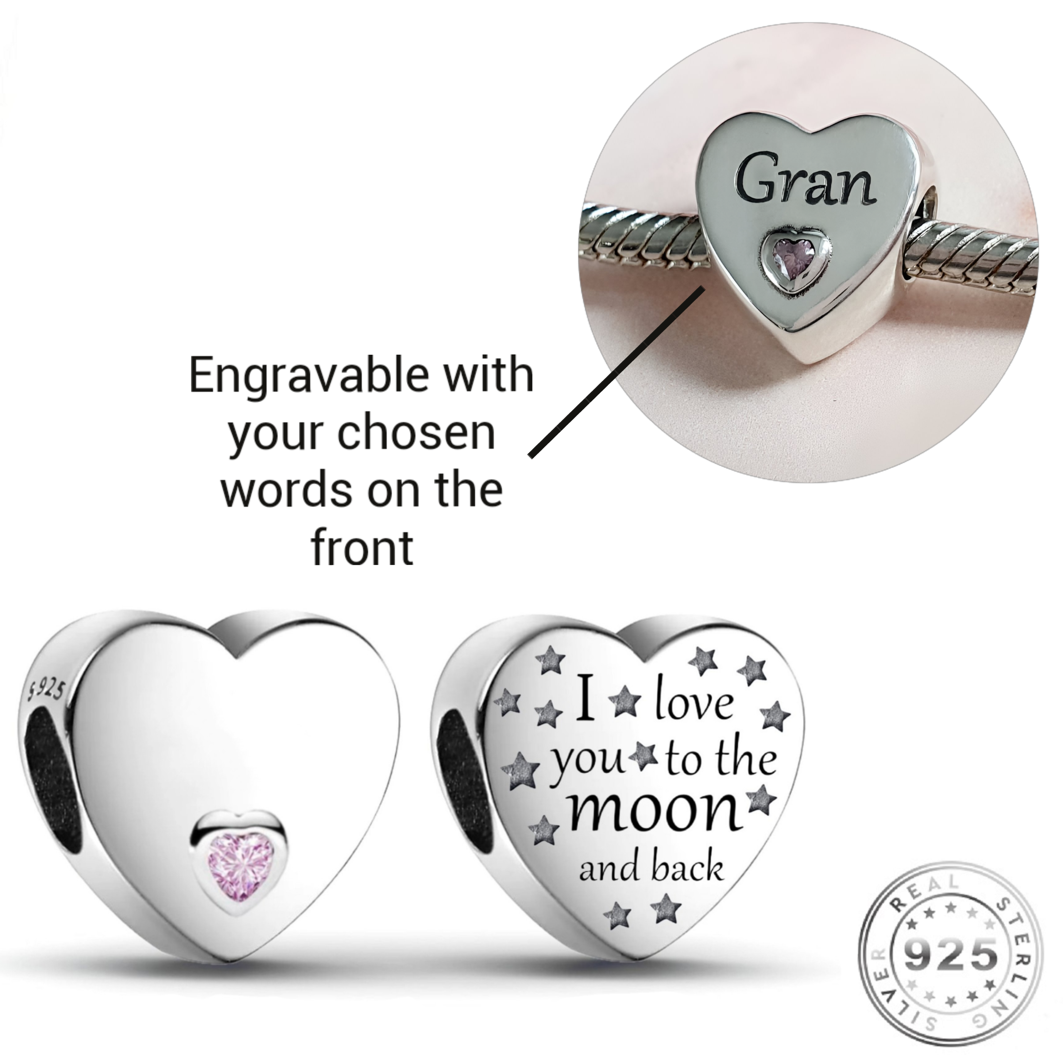 Engraved Heart Charm 925 Sterling Silver Love To Moon (Fits