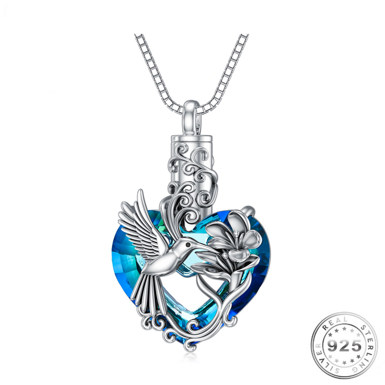 Hummingbird Ashes Urn Necklace 925 Sterling Silver & Blue Crystal