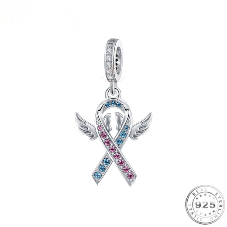 Baby Loss Awareness Ribbon Angel Wings Memorial Charm 925 Sterling Silver fits Pandora bracelets ( miscarriage )