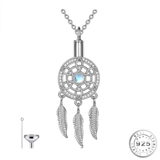 Dream Catcher Cremation Ashes Urn Necklace 925 Sterling Silver and Moonstone