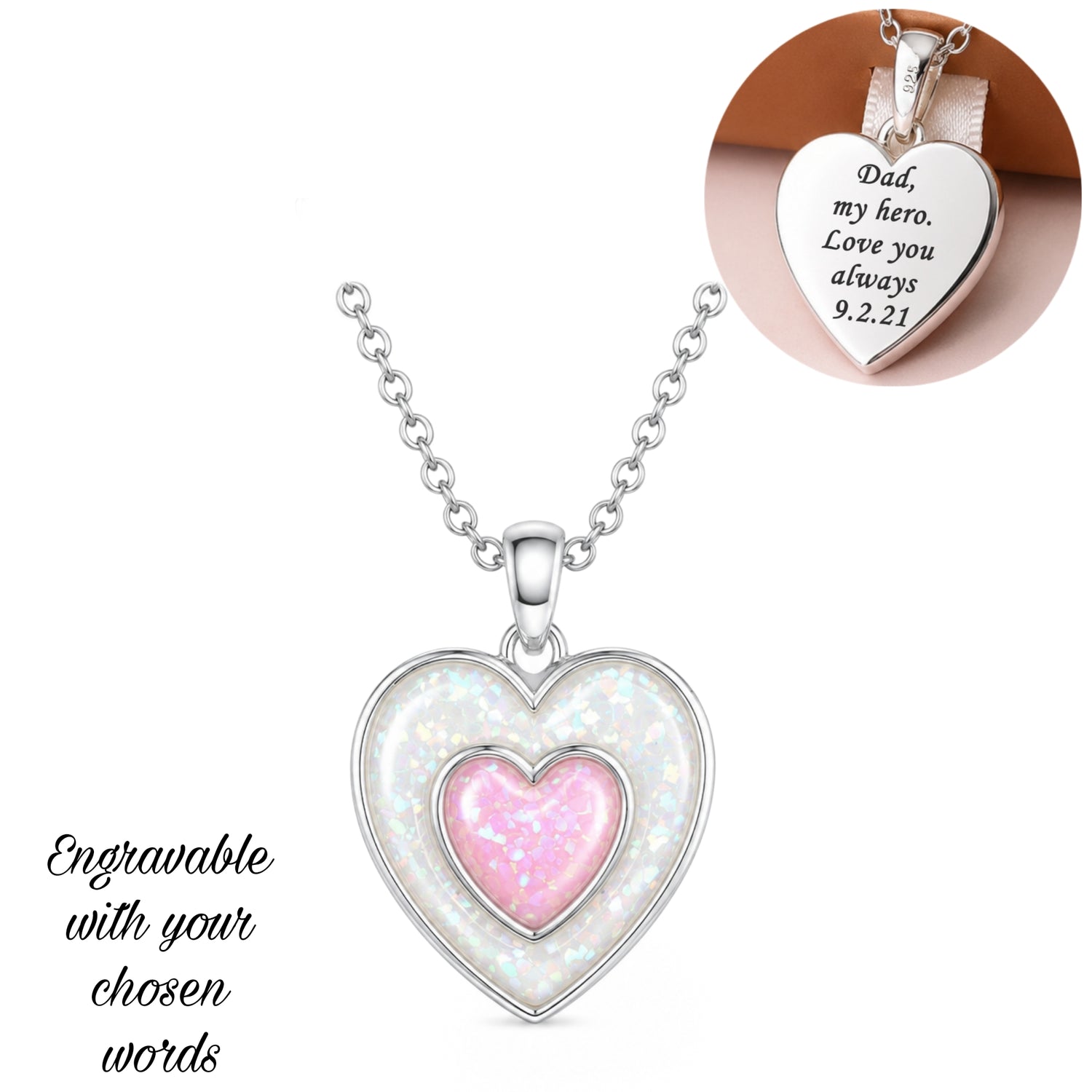 Ashes & Resin Heart Necklace 925 Sterling Silver - Engraved Memorial