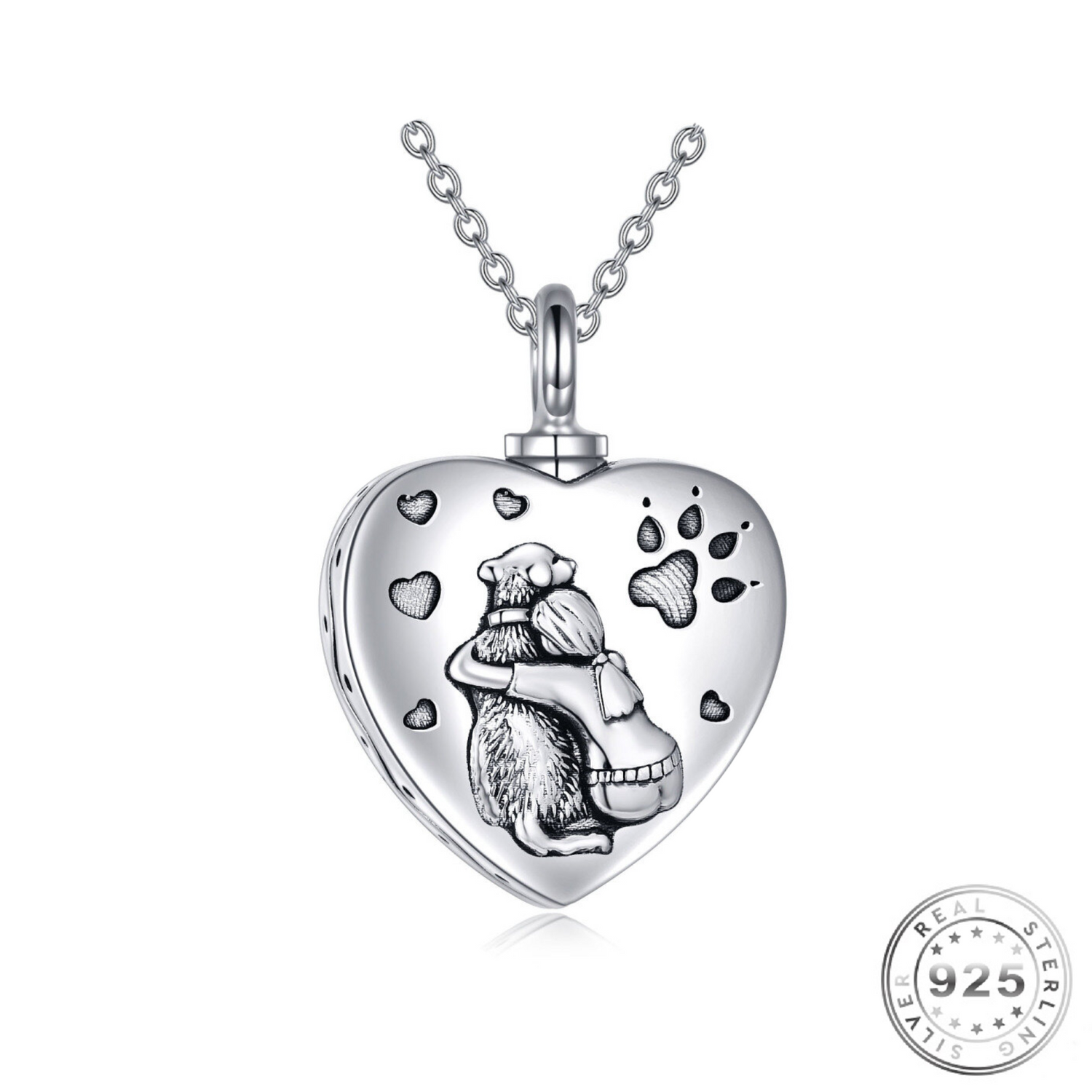 Dog & Girl Cremation Ashes Urn Necklace 925 Sterling Silver self fill memorial pet