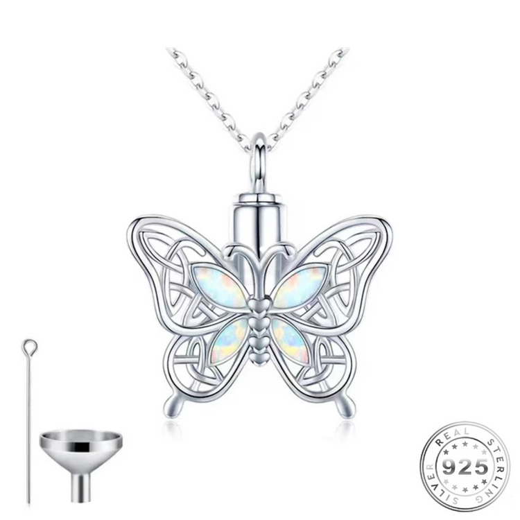 Butterfly Cremation Ashes Urn Necklace 925 Sterling Silver & Opal Self fill memorial