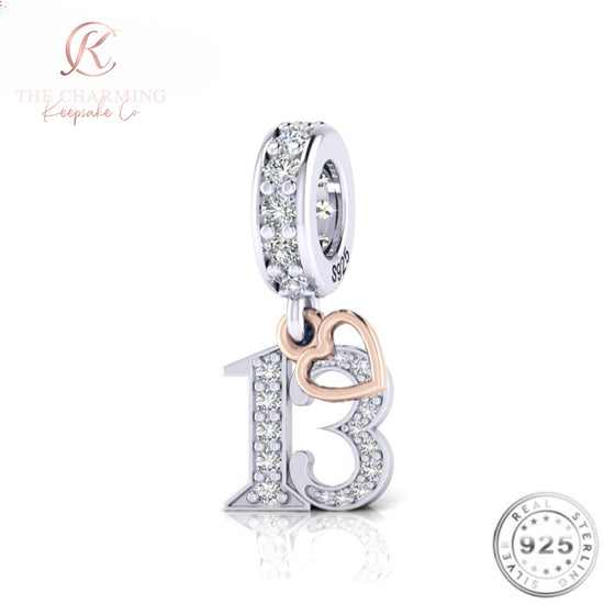 13th Birthday Charm 925 Sterling Silver and Rose Gold - fits Pandora
