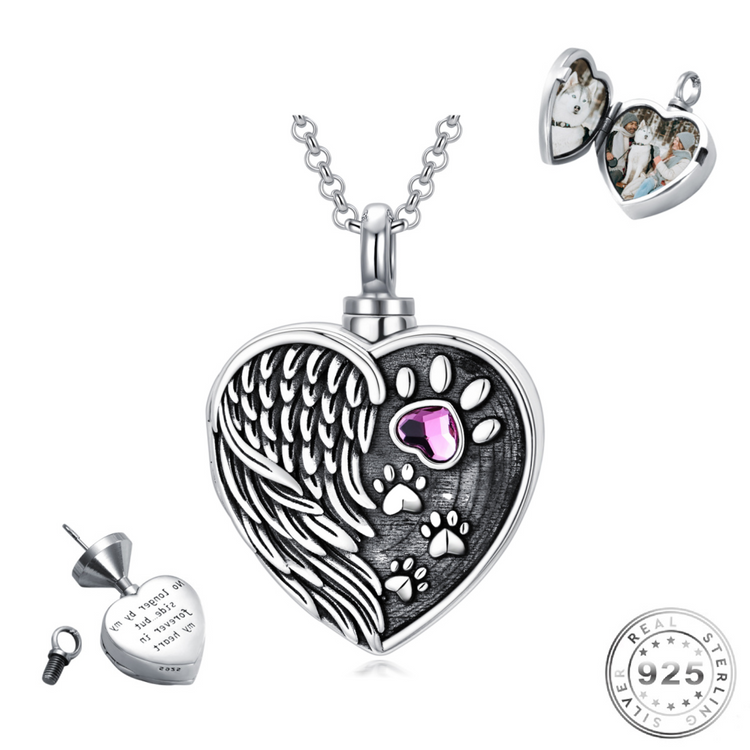 Pet Dog / Cat Cremation Ashes Paw Angel Wing Urn Necklace 925 Sterling Silver - Add your own photo