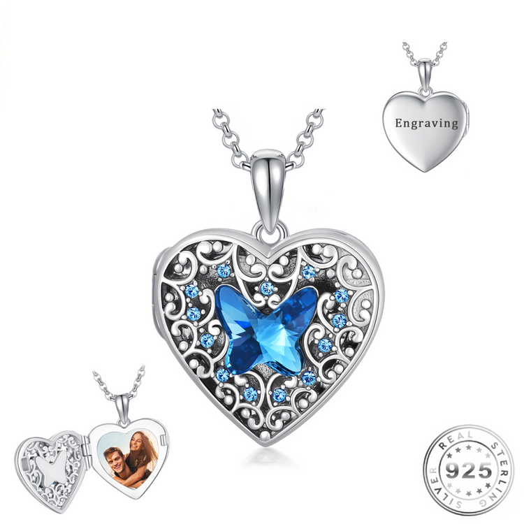 Engraved Blue Butterfly Photo Heart Pendant Necklace 925 Sterling Silver - Personalised