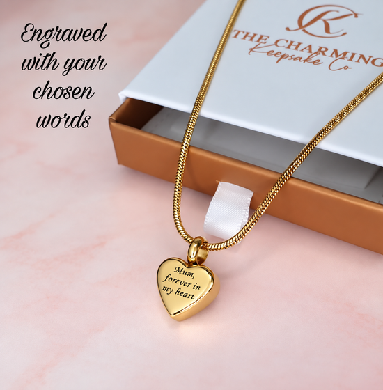 Engraved Ashes Small Heart Urn Necklace Silver or Yellow Gold - Self-Fill
