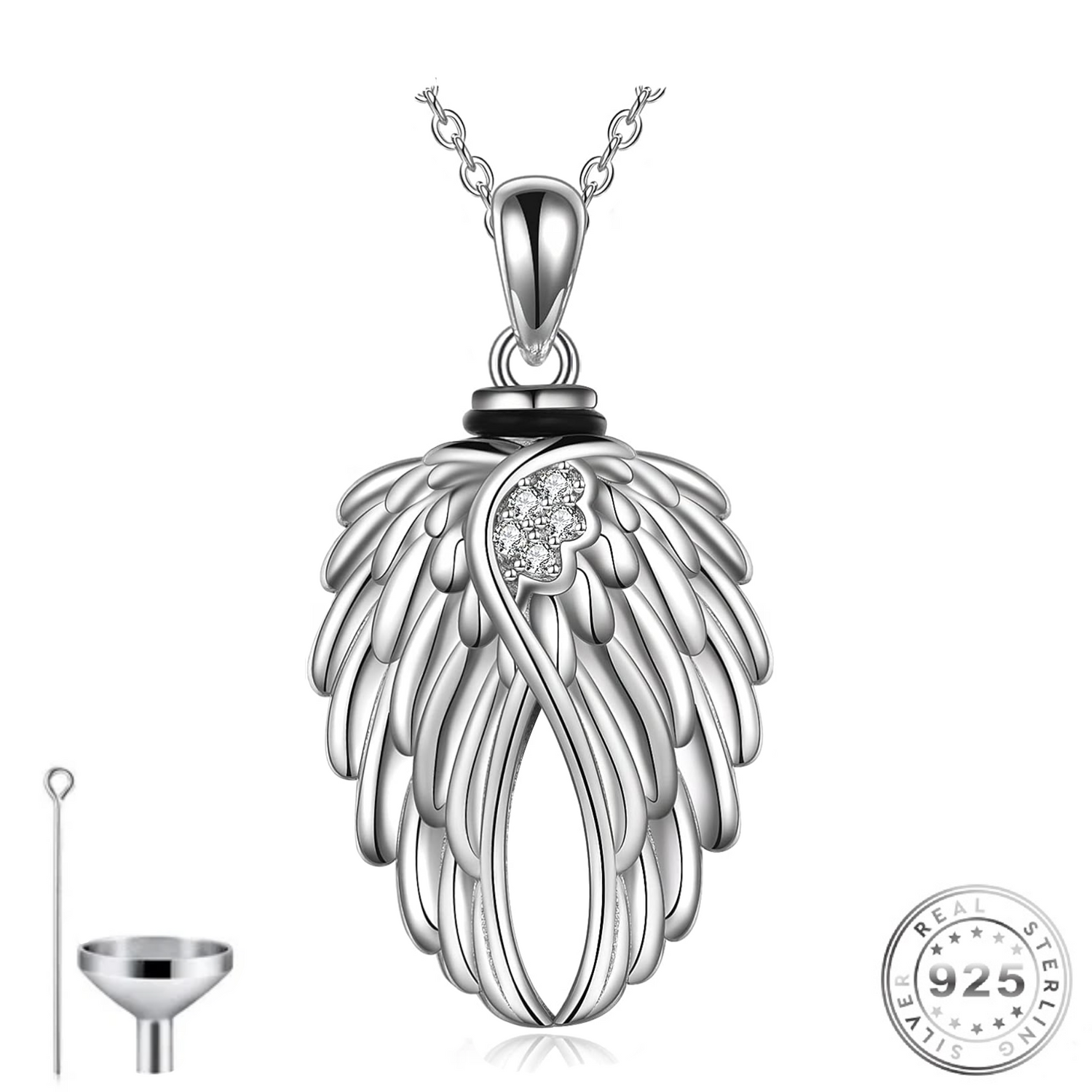 Cremation Ashes Crystal Angel Wings Urn Necklace 925 Sterling Silver Memorial