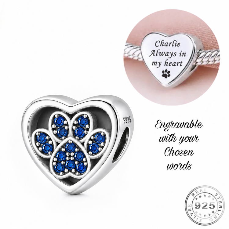 Pandora fitting Engraved Cat / Dog Blue Paw Charm 925 Sterling Silver - Personalised