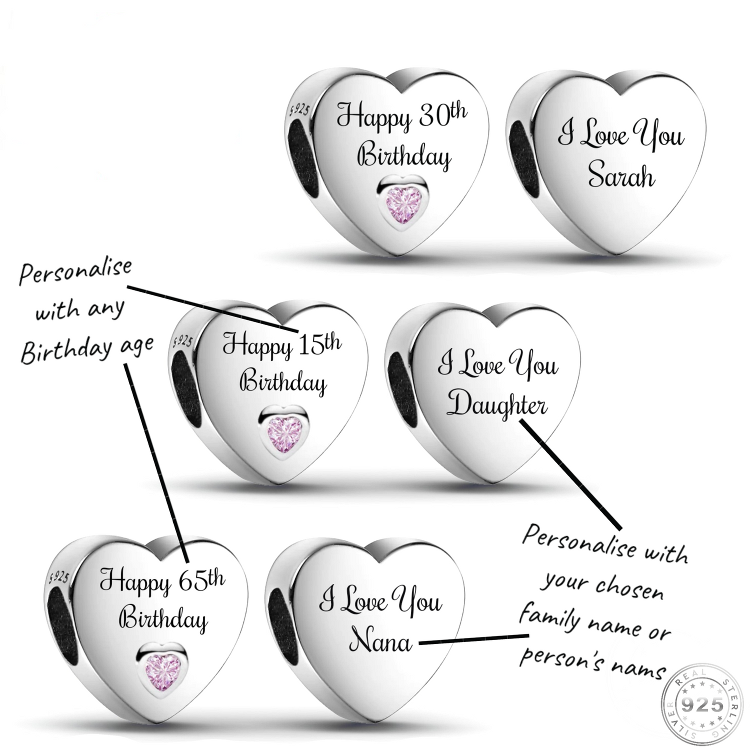 Engraved Happy Birthday Charm 925 Sterling Silver - Personalised fits pandora