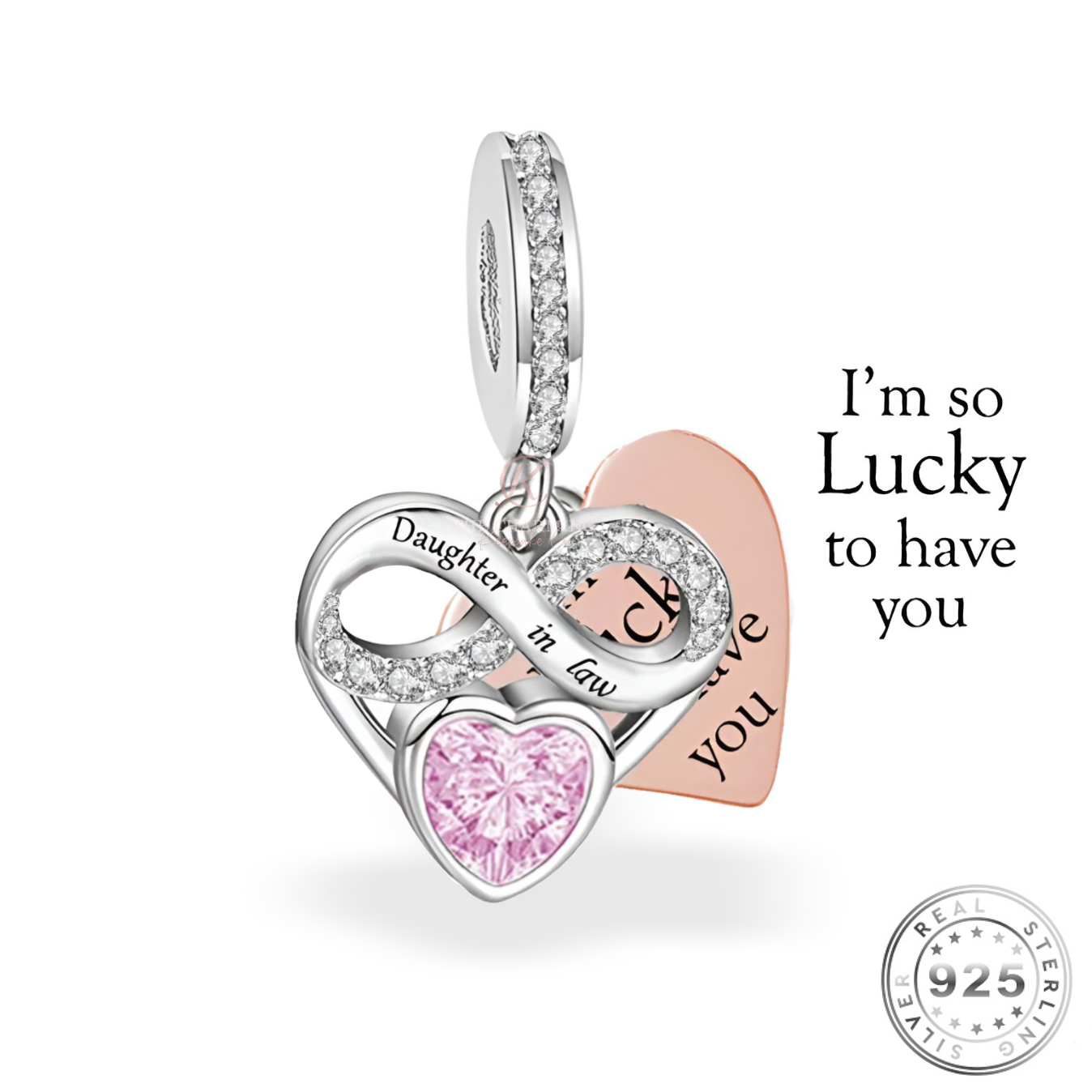 Daughter In Law Heart Charm 925 Sterling Silver & Rose Gold (fits pandora )