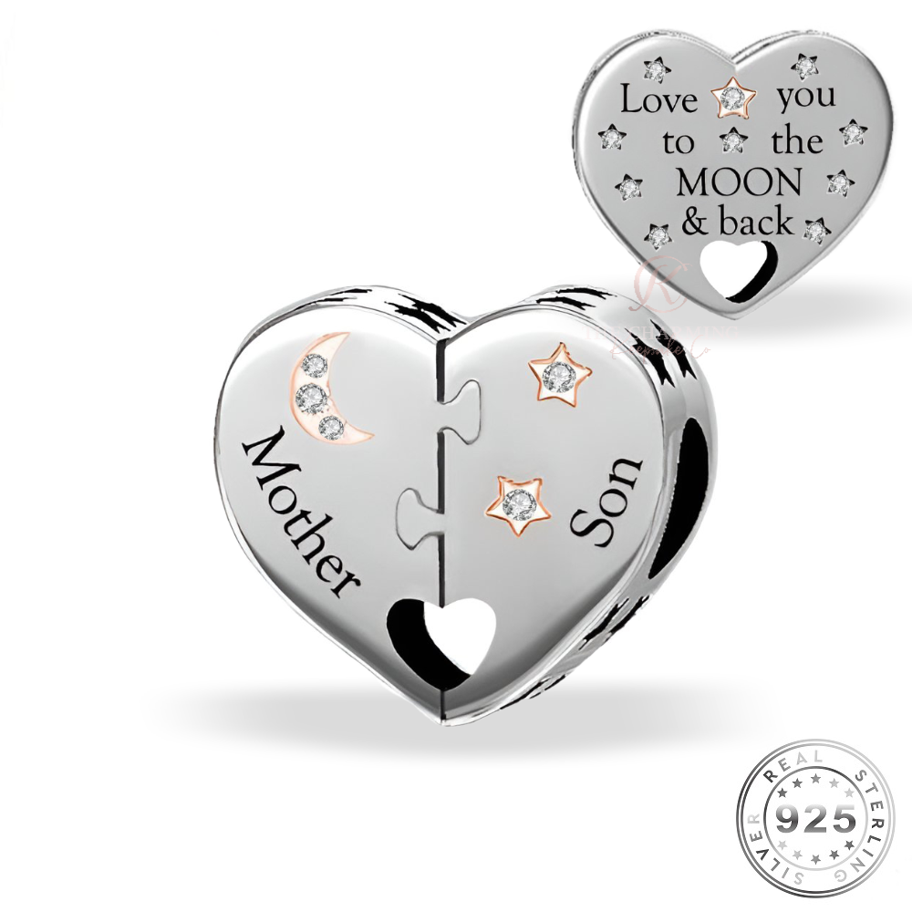 Mother & Son Heart Charm 925 Sterling Silver - Love You To The Moon (fits pandora )