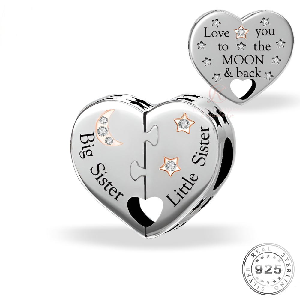 Big Sister & Little Sister Heart Charm 925 Sterling Silver - Love You To The Moon (fits pandora )