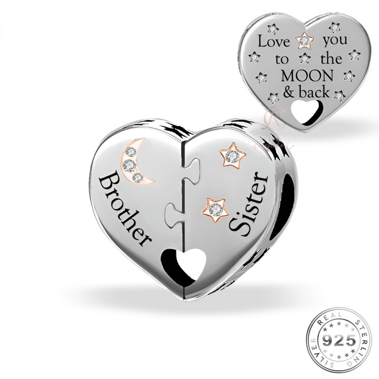 Brother & Sister Heart Charm 925 Sterling Silver - Love You To The Moon ( fits pandora )