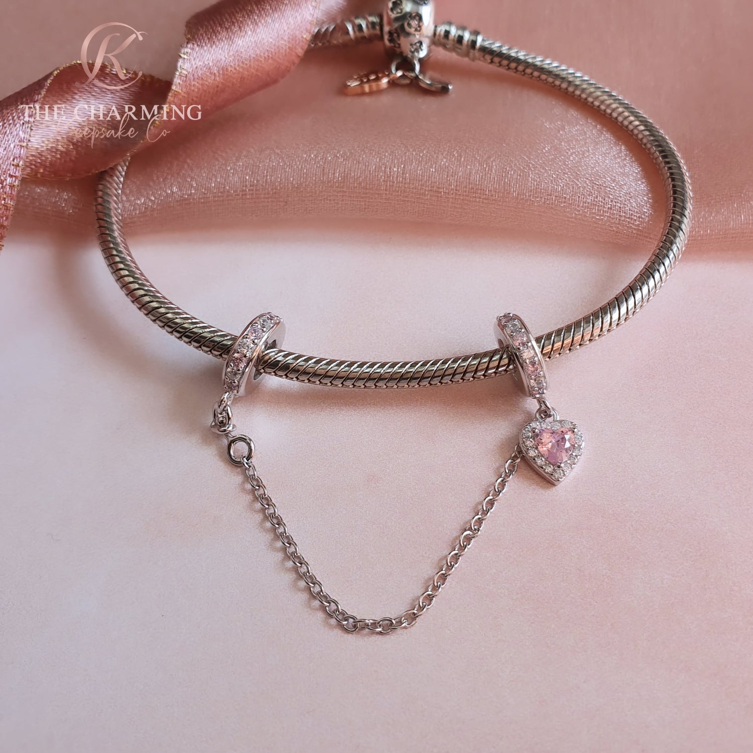 Pink CZ safety chain charm 925 sterling silver (fits Pandora