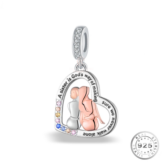 Sister Heart Dangle Charm Genuine 925 Sterling Silver and Rose Gold (we never walk alone ) - fits pandora