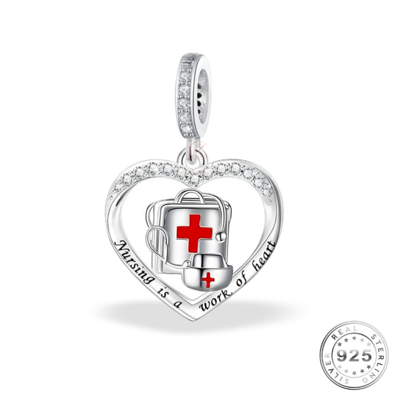 Nurse Heart Dangle Charm 925 Sterling Silver - fits pandora