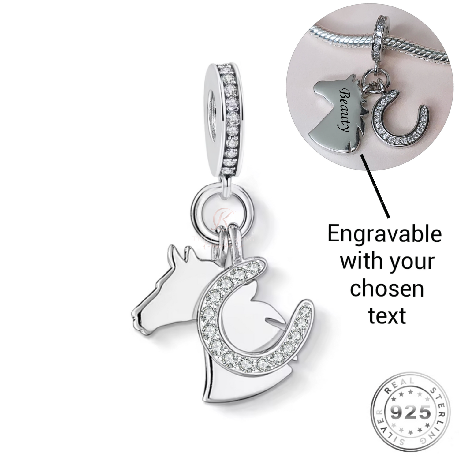 Engraved Horse Horseshoe Charm 925 Sterling Silver (Fits Pandora