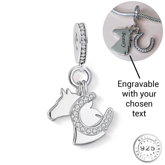 Engraved Horse & Horseshoe Charm 925 Sterling Silver - Personalised ( fits Pandora )