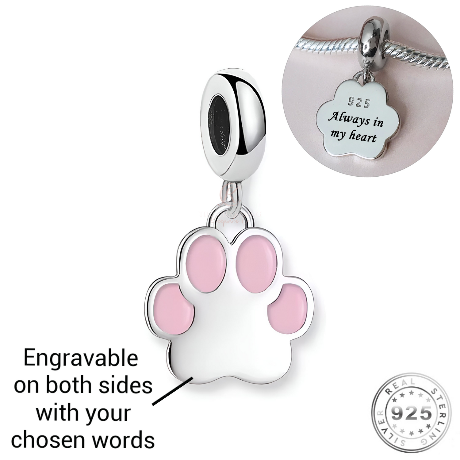 Engraved Cat / Dog Pink Paw Charm 925 Sterling Silver - Personalised - fits Pandora