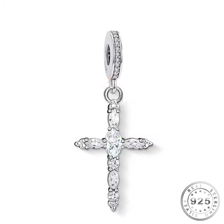 Crystal Cross Dangle Charm 925 Sterling Silver ( fits Pandora )