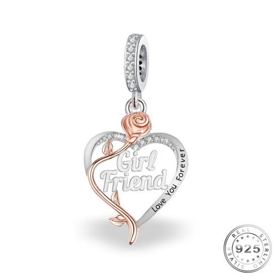 Girlfriend Dangle Charm 925 Sterling Silver & Rose Gold ( fits Pandora ) Birthday Gift